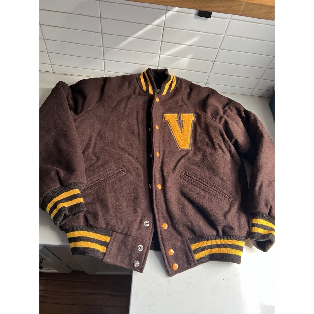 VTG Maverick Varsity Letterman Wool & Leather Jacket V Brown Yellow Men's S